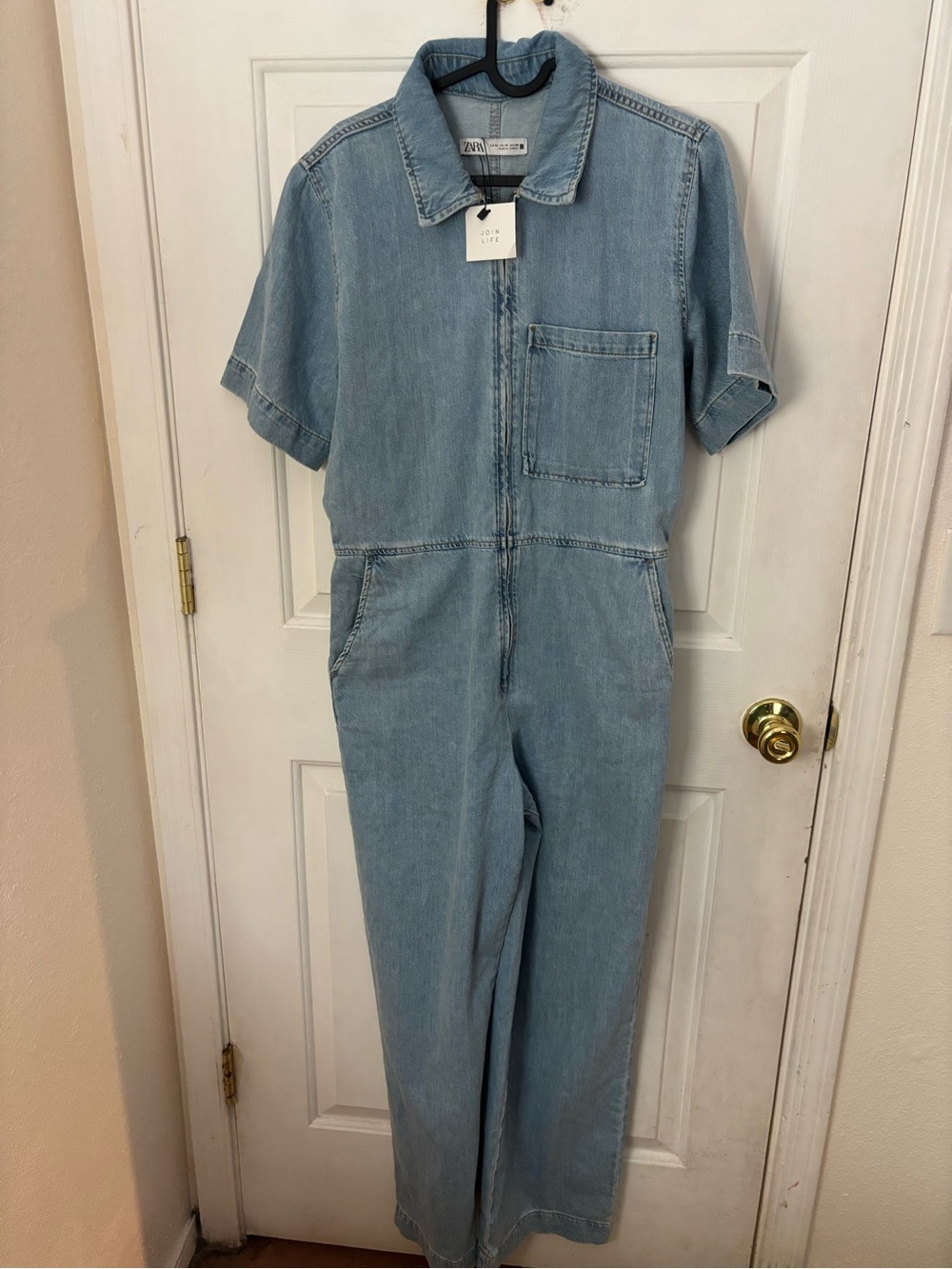 Zara Light Wash Denim Short-Sleeve Jumpsuit